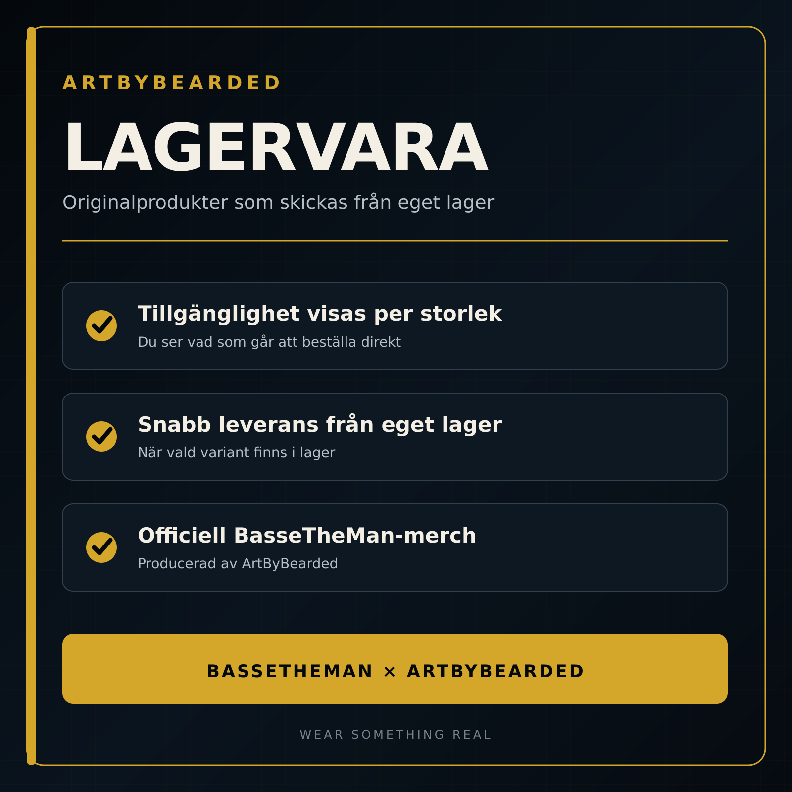 Lagervara från ArtByBearded – tillgänglighet per storlek och snabb leverans från eget lager